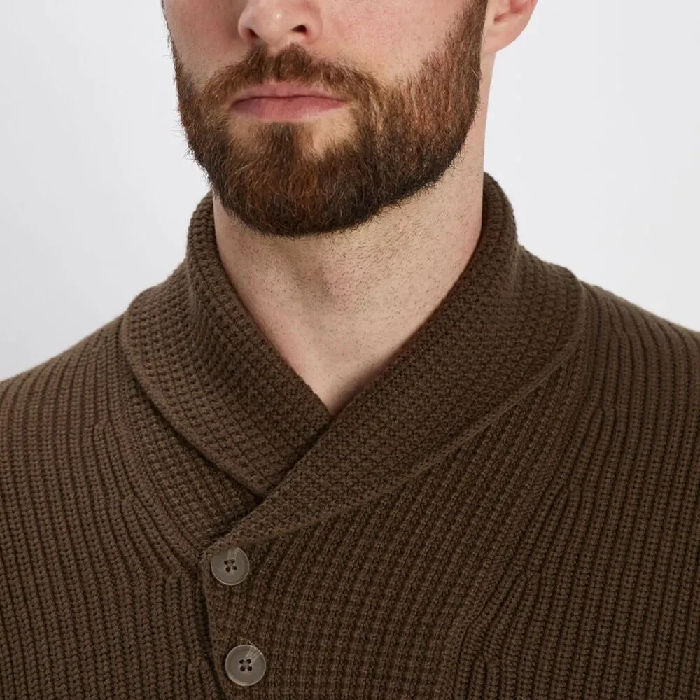 DULUTH TRADING CO Brigadier Shawl Collar Green Brown Knit Sweater Size XL